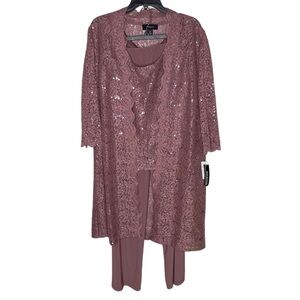 R & M Richards Sequin Glitter Scalloped Lace Scoop Neck 3-Piece Duster Pant Set